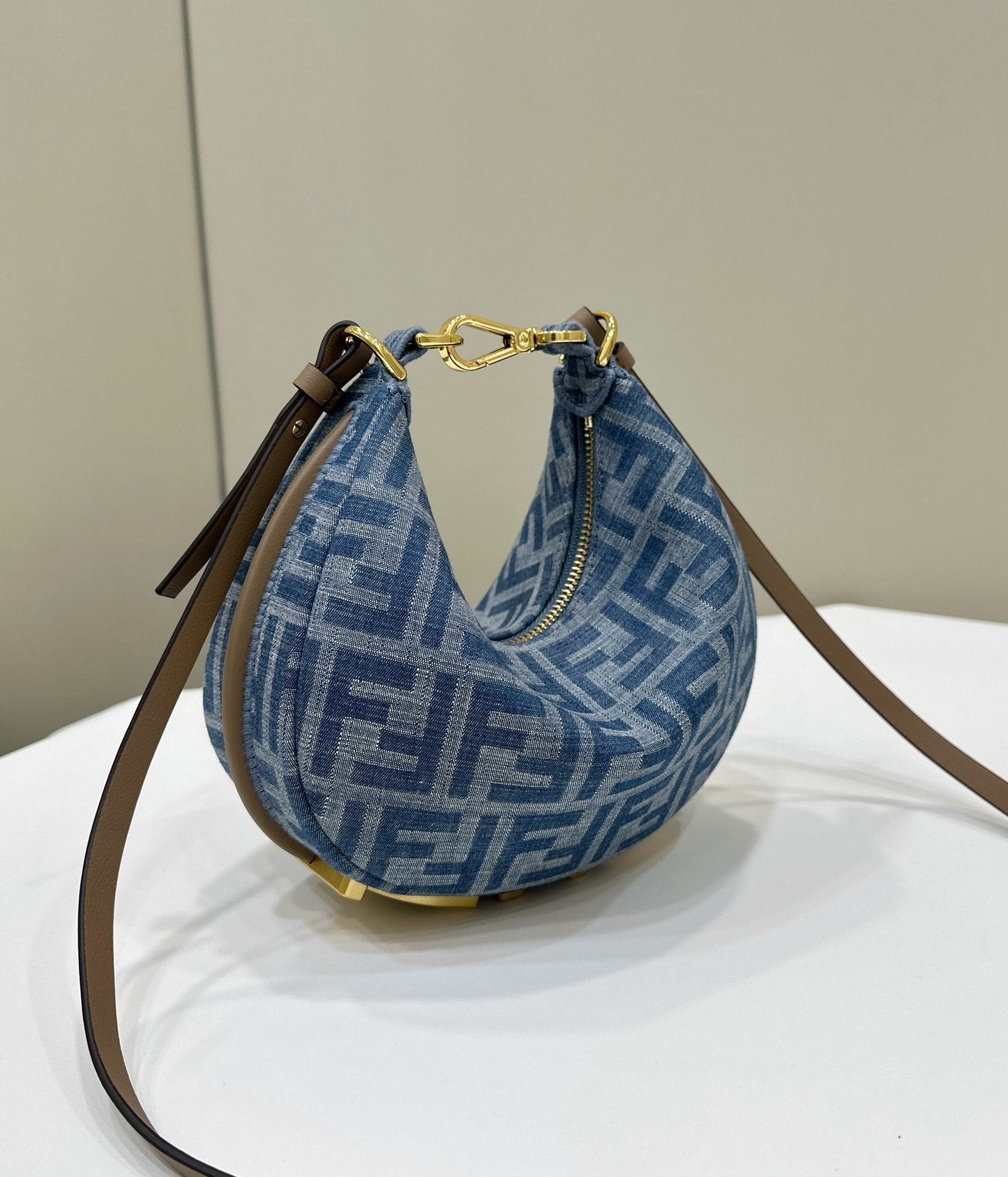 FENDIGRAPHY MINI 20 BAG IN AEGEAN BLUE DENIM FABRIC WITH GOLD HARDWARE