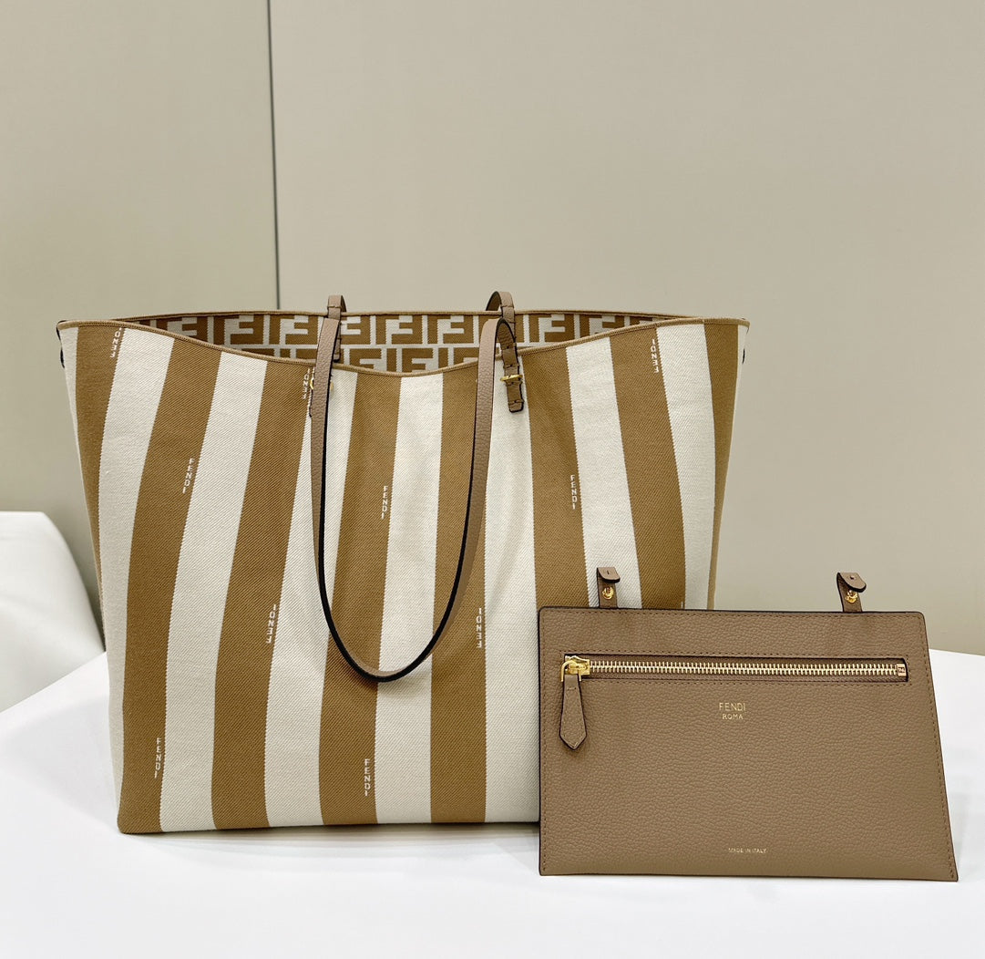 FENDI ROLL 33 TOTE BAG IN PEANUT BROWN MIX WHITE CANVAS