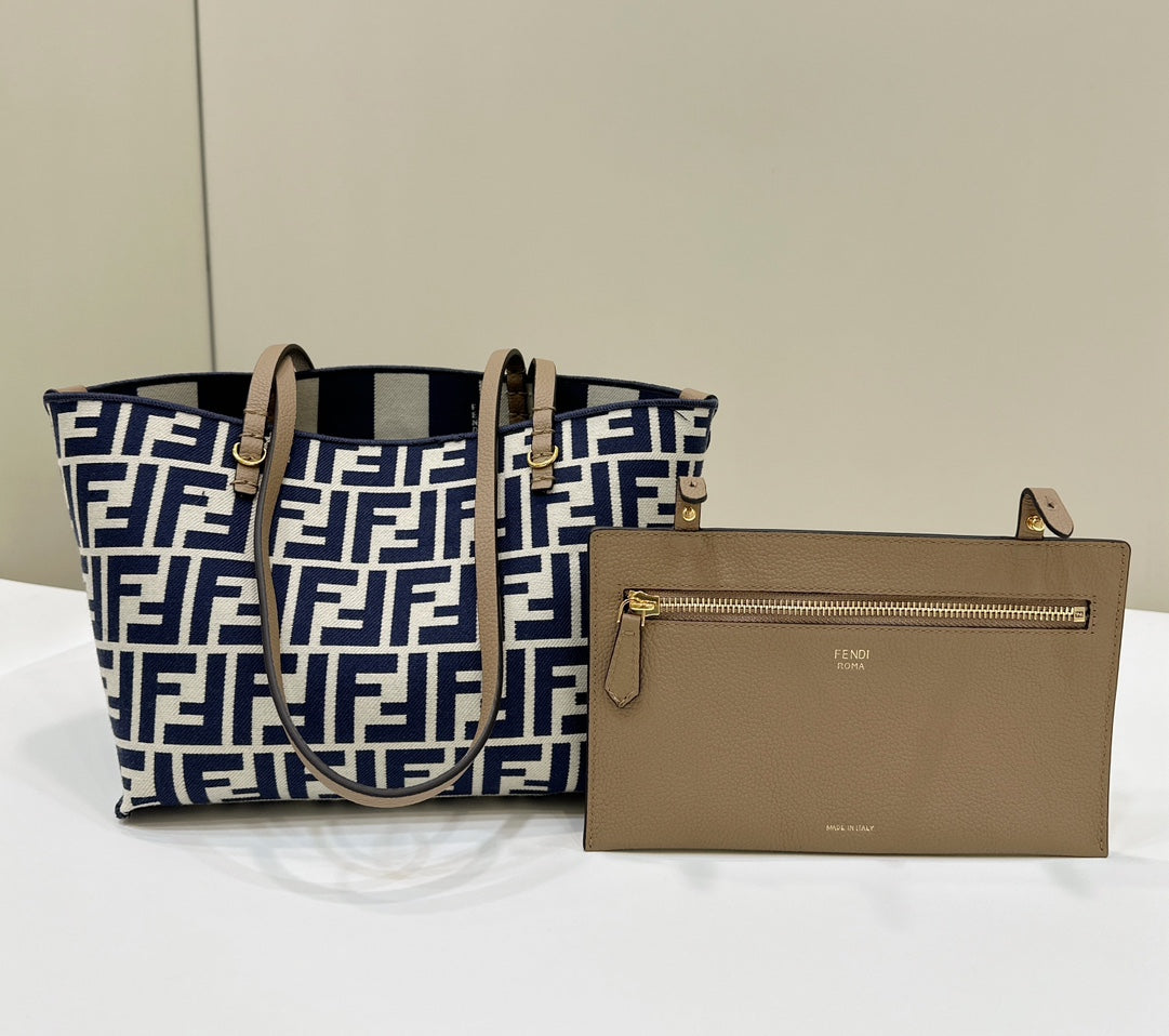 FENDI ROLL 22 TOTE BAG IN MIDNIGHT BLUE MIX WHITE CANVAS