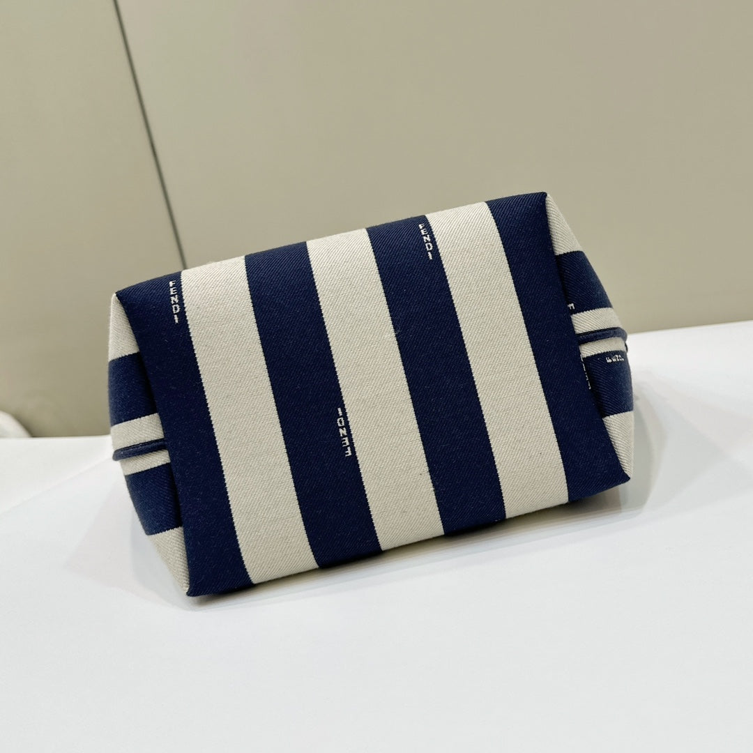 FENDI ROLL 22 TOTE BAG IN MIDNIGHT BLUE MIX WHITE CANVAS