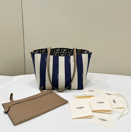 FENDI ROLL 22 TOTE BAG IN MIDNIGHT BLUE MIX WHITE CANVAS