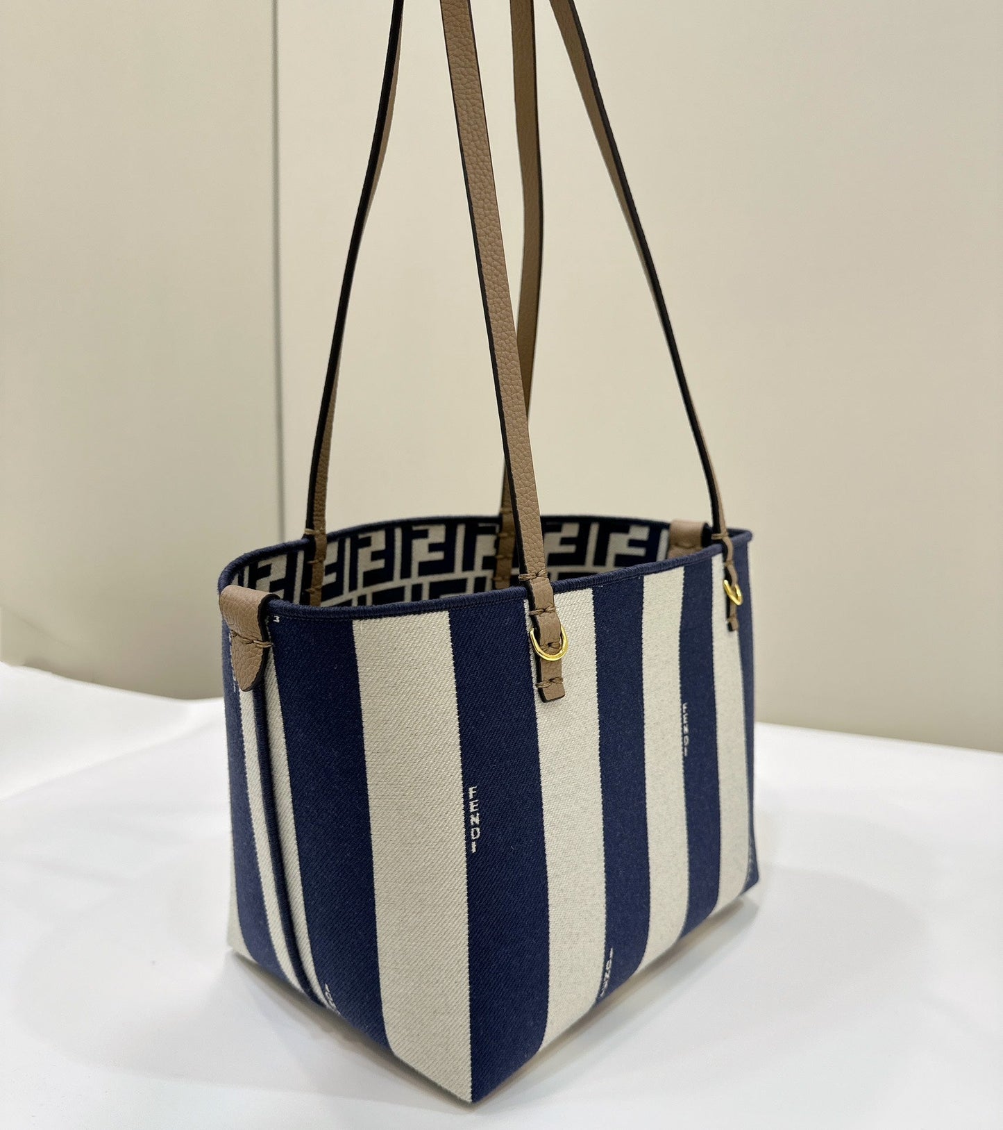 FENDI ROLL 22 TOTE BAG IN MIDNIGHT BLUE MIX WHITE CANVAS