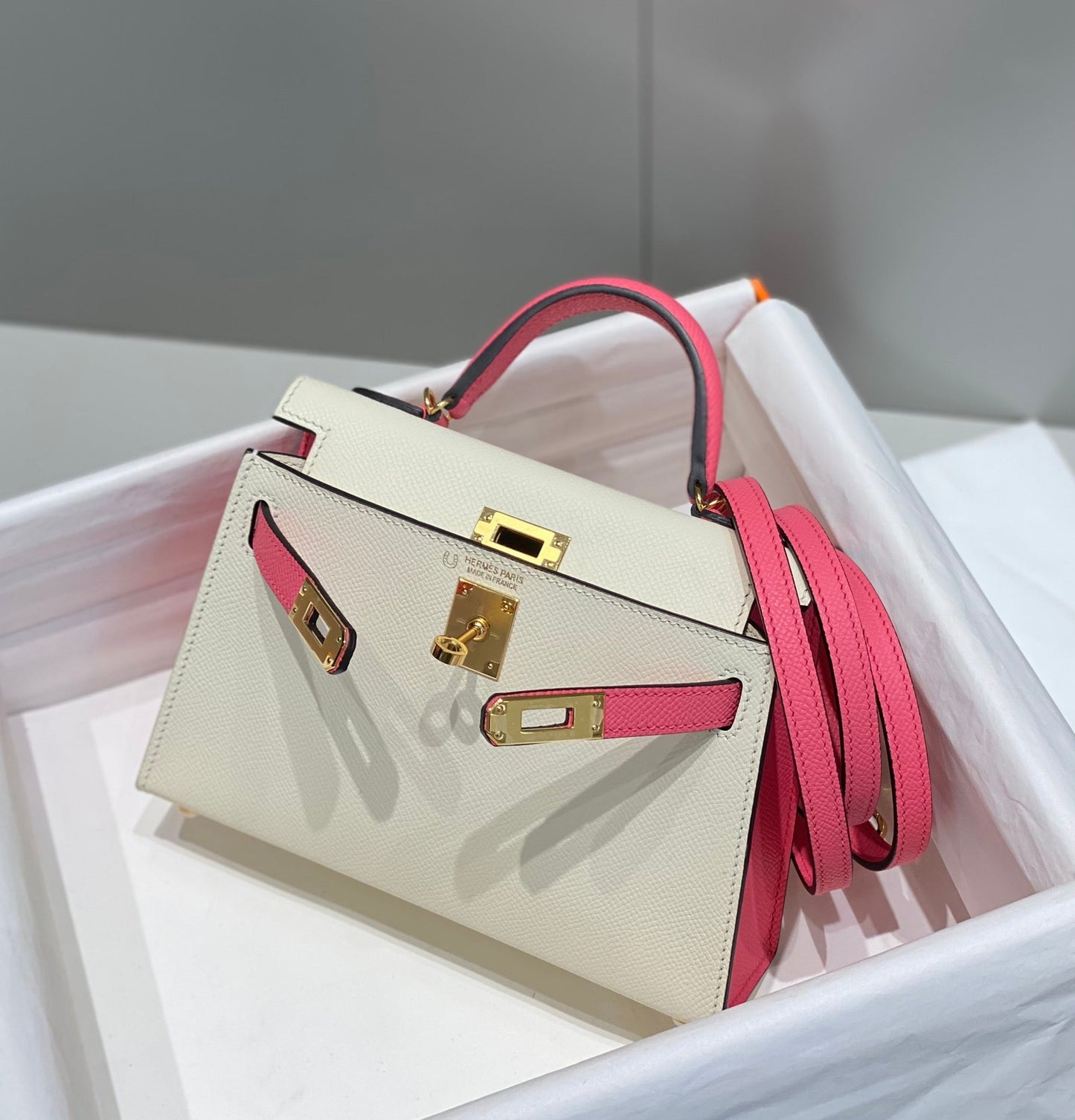 HM KELLY MINI 20 WHITE PINK EPSOM GOLD HARDWARE