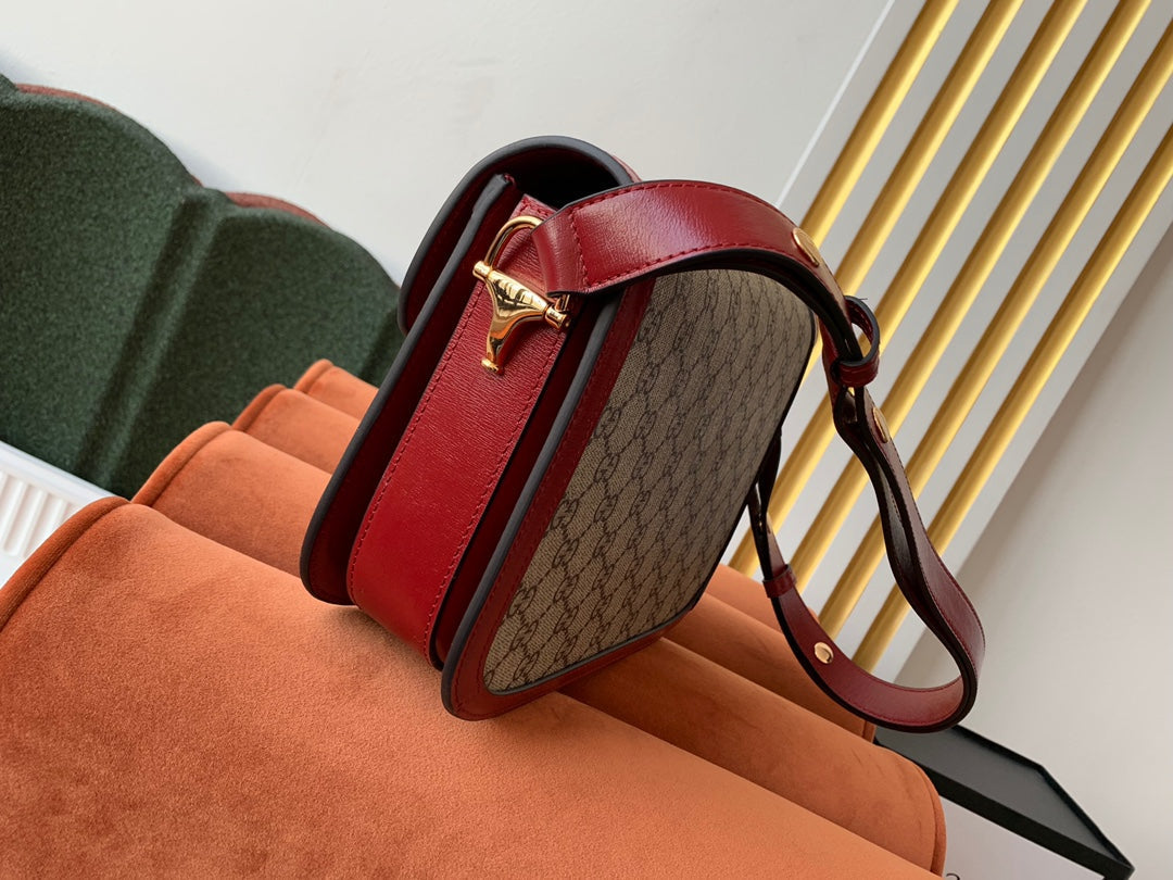 GG 1955 Horsebit Bag 25cm Red Leather Beige Canvas Gold Hardware