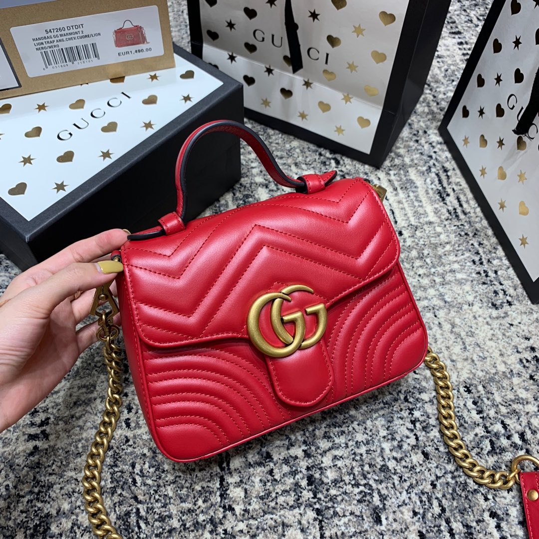 GG Marmont 21cm Mini Top Red Calfskin Gold Hardware