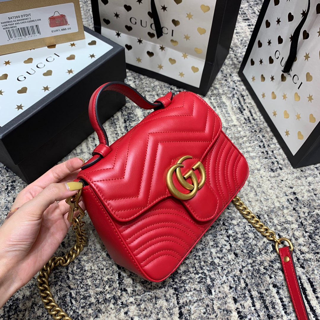 GG Marmont 21cm Mini Top Red Calfskin Gold Hardware