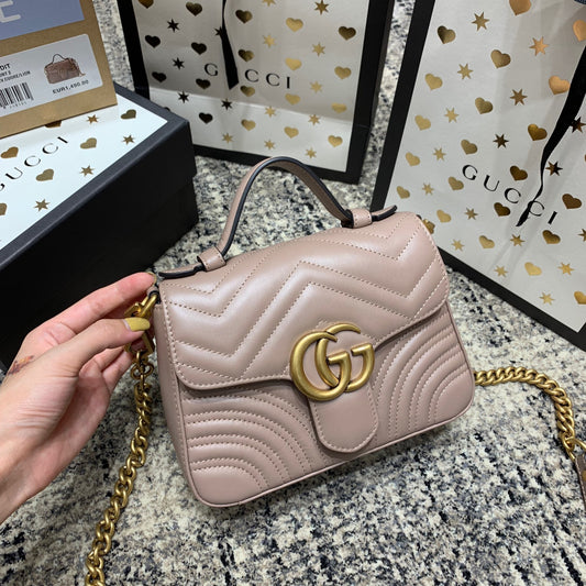 GG Marmont 21cm Mini Top Dark Beige Calfskin Gold Hardware