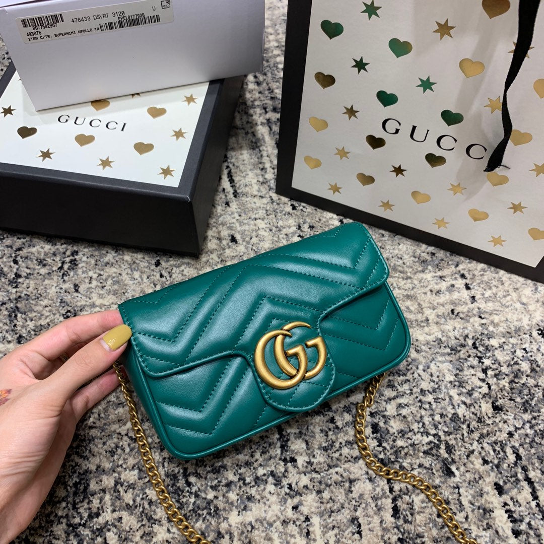 GG Marmont Mini 16.5cm Turquoise Calfskin Gold Hardware