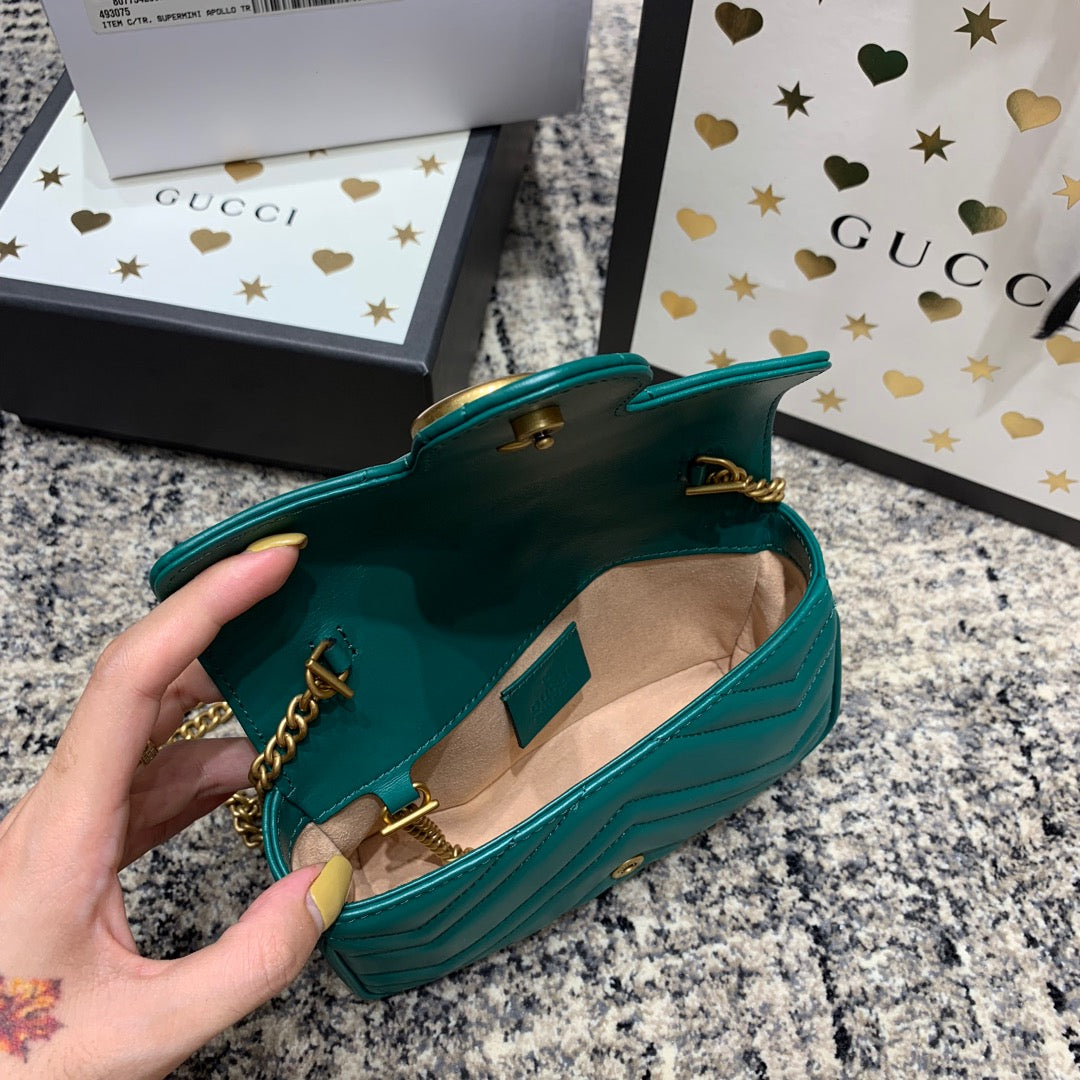 GG Marmont Mini 16.5cm Turquoise Calfskin Gold Hardware